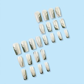 IMSOHOT Press on Nails Medium Coffin Fake Nails Green French Glossy False Nails Tips White Glue on Nails Full Cover Ballerina Acrylic Nails Kit for Women 24Pcs