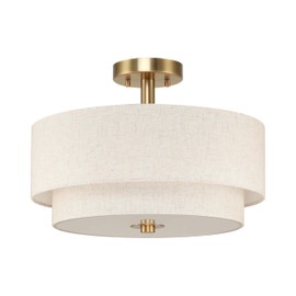 XiNBEi Lighting 16inch Semi Flush Mount Ceiling Light, 3-Light Brass Double Drum Light Fixture with Linen Shade Close to Ceiling Lamp for Bedroom Living Room Kitchen XB-SF1289-BS