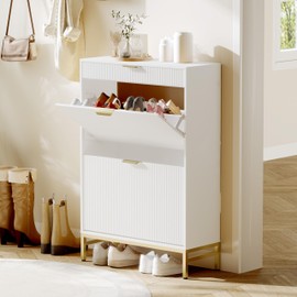 GarveeHome Fluted Shoe Cabinet with 2 Flip Drawers, a Drawer, a Hook, Modern Narrow Shoe Storage, Farmhouse Wooden Shoe Organizer with Metal Legs, Closed Shoe Racks for Entryway, White