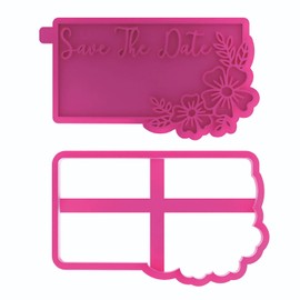 LissieLou Save The Date in Rectangle with Flowers Cookie Cutter and Stamp Wedding Icing Stamp Fondant Embosser - Light Pink