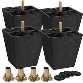 4 inch Plastic Furniture Legs, La Vane Set of 4 Mid Century Modern Square Pyramid Replacement Bun Feet with Pre-Drilled M8 5/16 Inch Bolt & Mounting Plate for Sofa Couch Cabinet Loveseats Ottoman