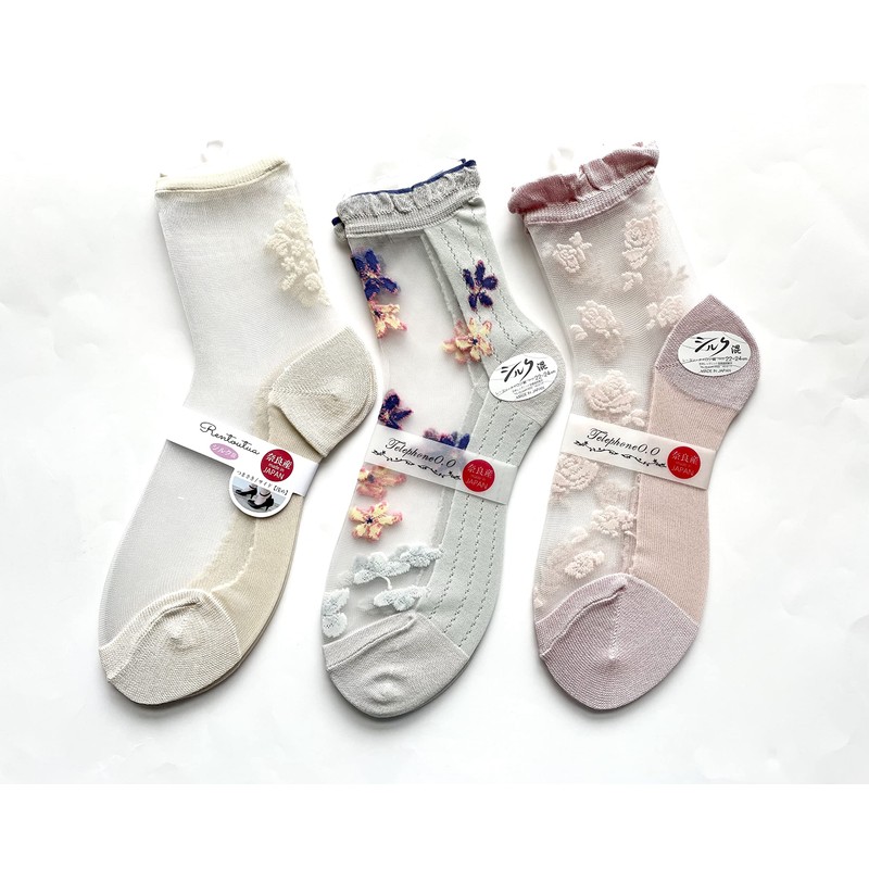 Made in Japan Women's Floral See-Through Socks, Silk Blend, Socks,