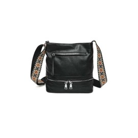 Women's Multi Zipper Practical PU Leather Slim Shoulder Handbag Crossbody Bag -BLACK