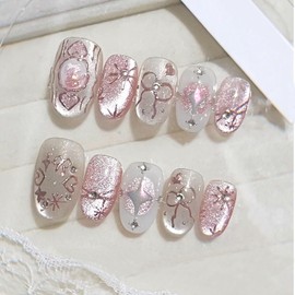 30Pcs Cute Bow Press on Nails Medium Almond Fake Nails Sun Star Heart with Rhinestones Glitter Designs Full Cover Pink Cat Stick on Nails Stars False Nails for Women Girls Artificial Acrylic Nails