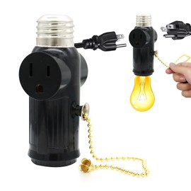 Light Socket to Plug Adapter, 3 Prong Light Bulb Outlet Adapter with Pull Chain Switch Control E26 E27 Both Sides Support Heat-Resistant Materials Black