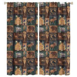 NO Retro Cabin Vintage Animal Moose Deer Bear Country Style Curtain Girls Room Blackout Curtaines Drapes Window Home Decorations Curtain 2 Panels Set 52x84in