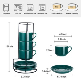 YOLIFE 8oz Porcelain Stackable Cappuccino Cups with Saucers and Metal Stand Set of 4, Coffee cups for Espresso, Specialty Coffee Drinks, Latte, Americano and Tea - Green
