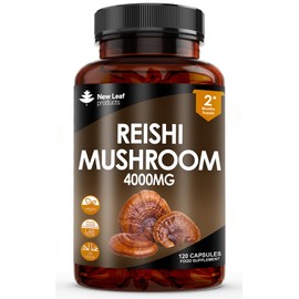 Reishi Mushroom Capsules - High Strength 4000mg Mushroom Supplements - 120 Vegan Mushroom Powder Capsules - Reishi Supplement 100% from The Fruiting Body Made in UK by New Leaf