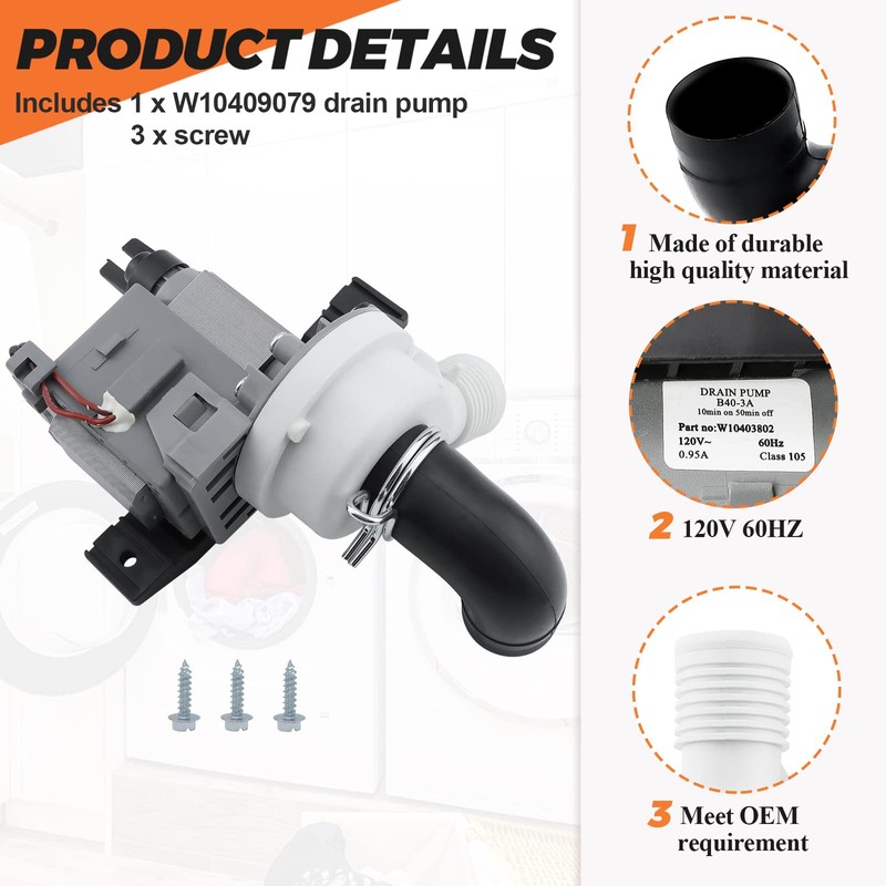Beaquicy W10403802 Washer Drain Pump Replacement for Whirl-pool May-tag Ken-more