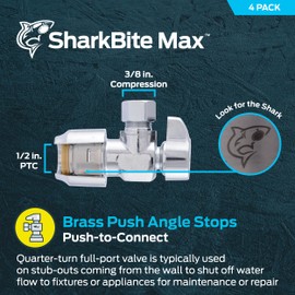 SharkBite Max 1/2 x 3/8 Inch Compression Angle Stop Valve, Pack of 4, Quarter Turn, Push to Connect Brass Plumbing Fitting, PEX Pipe, Copper, CPVC, PE-RT, HDPE, UR23036A4