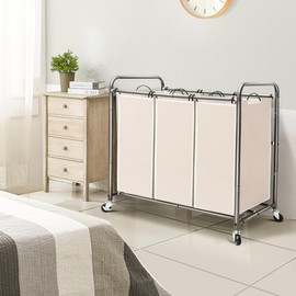 STO STO Laundry Sorter 3 Section, 3 Bag Laundry Hamper, Rolling Laundry Cart, Laundry Basket with Heavy Duty Lockable Wheels and Removable Bag for Clothes Storage, Beige