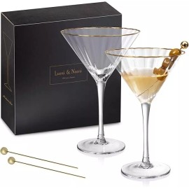 Lumi and Numi Hand Blown Martini Glasses – 24K Gold Rim - Set of 2 Cocktail Glasses &Gold-P