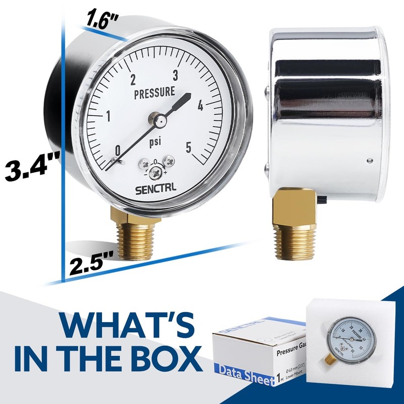 SENCTRL 0-5 Psi Low Pressure Gauge, Capsule Gauge, 2-1/2" Dial