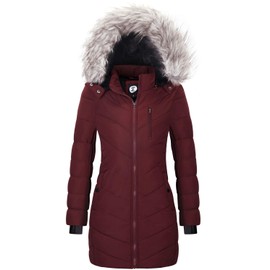 FASRYKOC Womens Casual Lightweight Hooded Puffer Coats Long Puffer Jacket With Removable Faux Fur Trim XXX-Large Burgundy