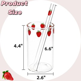 Covzoe 4 Sets Glass Strawberry Cups, Clear Strawberry Pattern Drinking Cups with Straws, 10 Oz Thickened Glass Tumbler Ice Coffee Cups, Lovely Glass Bottles Aesthetic for Juice, Milk, Tea