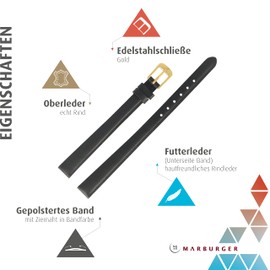 MARBURGER Watch Strap 10 mm Leather XL Smooth with Stitching Tool Assembly Set 66010, black/gold, Strap.