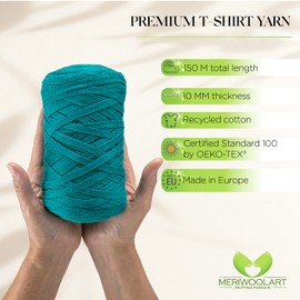 MeriWoolArt Cotton Yarn Ribbon Green - 10 mm T-Shirt Tape Yarn for Knitting, Macrame, Crochet, Weaving, Gift Ribbon - 150 m Cotton Ribbon (Sea Green)