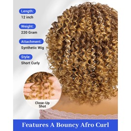 Marshey Afro Curly Wigs with Bangs for Black Women Kinky Curly Synthetic Hair Heat Resistant 12 Inch Short Ginger Wig for Daily Party (Highlight Blonde)