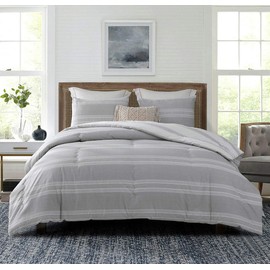 SLEEPBELLA Queen Comforter Set, Light Gray & White Stripes Reversible Pattern, Cotton Fabric with Soft Microfiber Fill Duvet Sets, 3pc Down Alternative Bedding Set