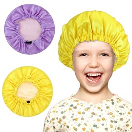 2 Pcs Toddler Bonnet, Double Layer Satin Bonnet for Kids Silk Adjustable Kids Sleeping Cap Soft Wide Band Sleep Cap for Sleeping Night Hat for Toddler Child Natural Hair Curly Hair(Purple+Yellow)