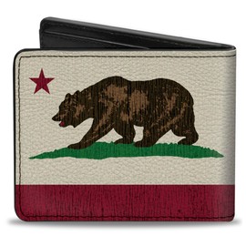 Buckle-Down Men's PU Bifold Wallet-California Flag Bear Weathered White, Multicolor, 4.0" x 3.5"
