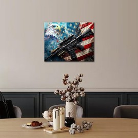 Rebotipy Bald Eagle Paint by Numbers Patriotism Veterans Day Painting Art Picture of a Machine Gun Placed on The American Flag Adults DIY Animals Paint for Men Lady Paintings Crafts Gifts16x20 in