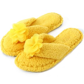 Kathyland Plush Cozy Faux Shearling Thong Slide On Sherpa Womens Flip Flops Summer Slippers (US 7-8, Yellow)