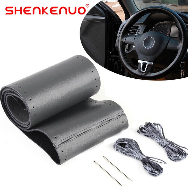 SHENKENUO 15" DIY Steering Wheel Cover Genuine Leather for 2018