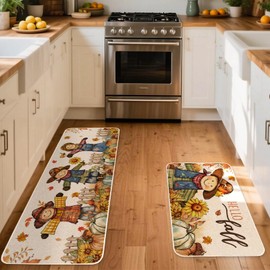 Moutina Hello Fall Scarecrow Decorative Kitchen Rugs Set of 2, Seasonal Autumn Thanksgiving Holiday Home Decor Low-Profile Kitchen Mats for Floor - 17x29 and 17x47 Inch