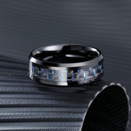 King Will 8mm Black Men's Wedding Band Ring - Tungsten Carbide Ring with Black and Blue Carbon Fiber Inlay, GENTLEMAN style, High Polished Finish, Beveled Edge, Comfort Fit, Size 12