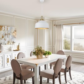 Febeleven 13.77" Dome Pendant Light Modern White and Gold Chandelier for Dining Room Adjustable Metal Hanging Lighting Fixture for Kitchen Island Bedroom Restaurant and Hallway