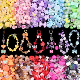 500PCS 10 Colors Mixed Assorted Acrylic Beads for Bracelet Making, Star Flower Bow Butterfly Candy Heart Gummy Bear Kawaii Aesthetic Beads,Cute Beads for Jewelry Making DIY Keychain Phone Charms
