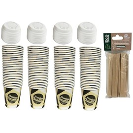 ARBUTUS 48 Disposable Cardboard Coffee Cups 4oz with 48 Plastic Lids, Takeaway Cups and 50 Wooden Sticks
