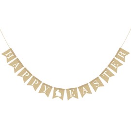 Burlap Happy Easter Banner | Rustic Easter Celebration Decorations | Happy Easter Bunting Garland with Rabbit Bunny Sign | Easter Party Decor Photo Props