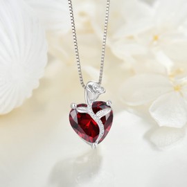 FJ Love Heart Garnet Necklace for Women 925 Sterling Silver Rose Flower Pendant Necklace January Birthstone Jewelry Gifts for Wife Girlfriend Mom Daughter