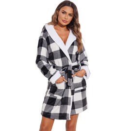 Ekouaer Women Soft Luxury Flannel Robes Cozy Warm Loose Lounge Robes with Hood Comfy Plush Sleepwear White Plaid S