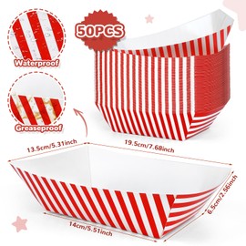 RMERVE 50 Pcs Bulk Striped Carnival Party Paper Food Trays with Greaseproof Liner Paper, Disposable Carnival Circus Decorations, for Carnival Circus Food Truck Party Supplies (Red and White Stripes)
