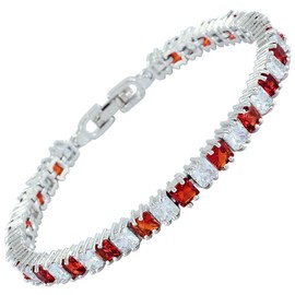 [RIZILIA Ice Cube] Princess Cut Simulated Red Ruby CZ 18K White Gold Plated Tennis Bracelet, 7"