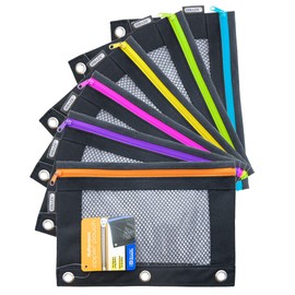BAZIC Pencil Pouch 3 Ring Binder Pouch w/Rivet Enforced Rings Holes, Neon Black Color Mesh Window Zipper Pouches, 6-Pack