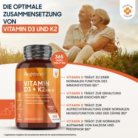 Vitamin D3 K2 2000 IU - 400 tablets with 75mcg Vit K2 All-Trans MK-7 - 1 tablet every 2 days - natural ingredients and vitamin D3 2000 IU from a vegan source (lichen). WeightWork ld