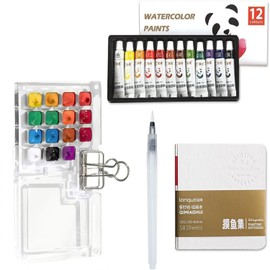Artist Portable Watercolor Travel Kit, Travel Drawing Board, Mini Portable Watercolor Drawing Board Kit with Clip for Students (12 Color 8-Grid Set)