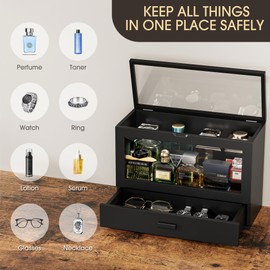 LUTARNIA Cologne Organizer for Men, Wooden Perfume Organizer Cologne Stand with Drawer Storage Large Capacity, Gift for Men (Black)