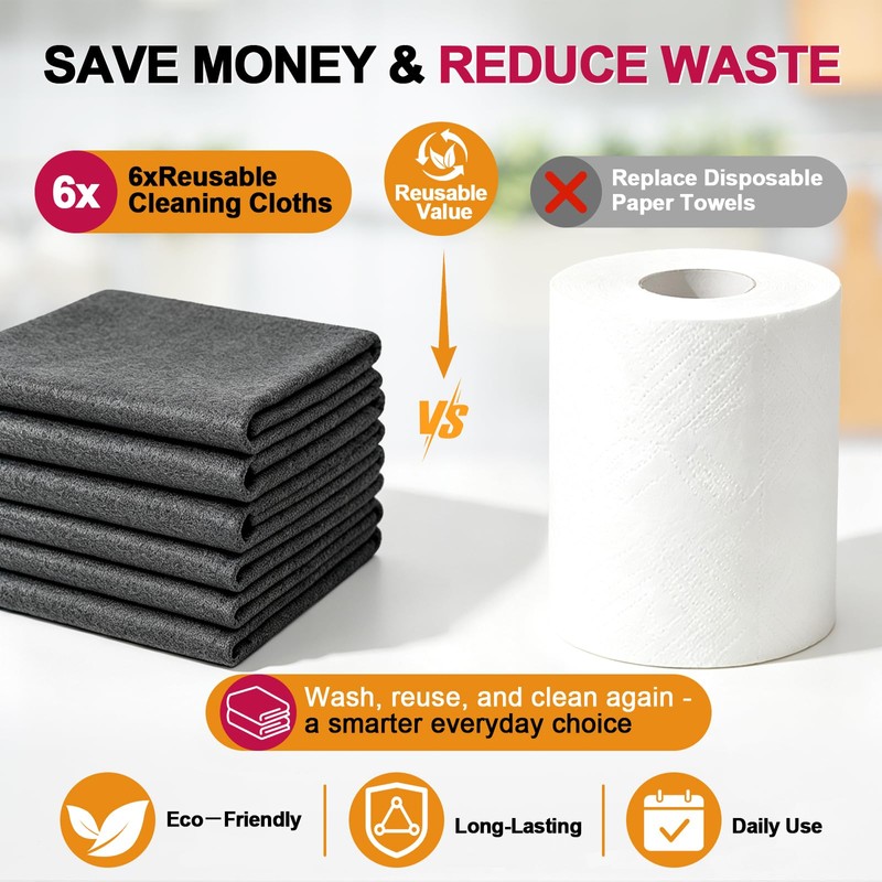 Magic Cleaning Cloth 6 Pack, 12 x 8 Inch Microfiber