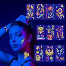 Jastli 10 Sheets Glow in The Dark Temporary Tattoos Waterproof Neon UV Blacklight Body Face Flash Fake Tattoo Stickers Rave Party Supplies (TP-4)