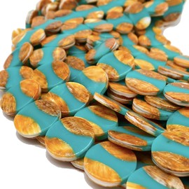ABCGEMS Dark Sunset Orange Spiny Oyster, Aqua-Blue Howlite Turquoise Powder in Resin Inlay - Deep Ocean Seashell DIY Necklace Earring Jewelry Making - 20mm Coin, 19-20 Beads