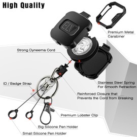 ELV 2 Pack Heavy Duty Retractable Keychain with Lock & Carabiner, Retractable ID Badge Holder Clip, Retractable Badge Reel with Pen Holders (2 Pack - Black & Tan)