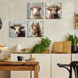 Farmhouse Animals Wall Art Highland Cow Decor for Kitchen Rustic Flowers Cow Sheep Horse Canvas Pictures Country Farm Animal Paintings Artwork for Bathroom Living Room Home Decorations 12x12" 4Pcs