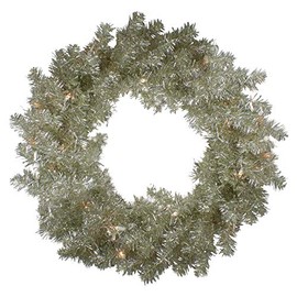 Pre-Lit Metallic Champagne Artificial Tinsel Christmas Wreath - 24 inch Clear Lights