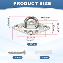 PATIKIL 8Pcs 304 Stainless Steel Ceiling Hooks, Rhombus Pad Eyes Plate Metal Wall Mount U Ceiling Hook with Screws for Hanging Ropes Post Queue Line Barrier, Silver