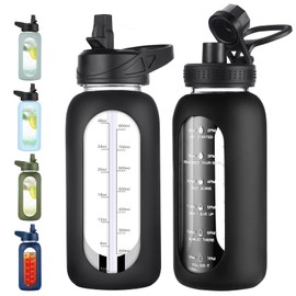 EALGRO 32 oz Glass Water Bottle with Straw and Handle, Sports Motivational Water Flask with Silicone Sleeve, Large Leakproof Water Flask Cup with Time Marker for Travel, Gym, Black
